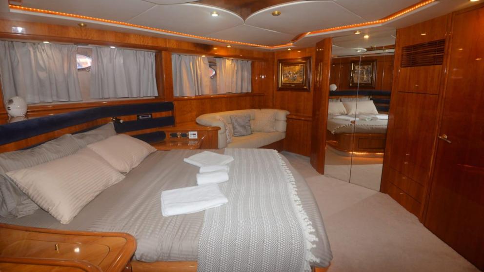 Massive bedroom furniture on a motor yacht